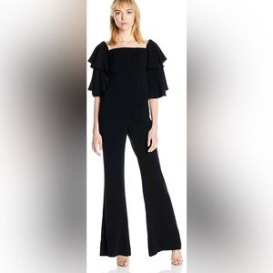 Nicole Miller Black Satin Back Crepe Ruffle Jumpsuit